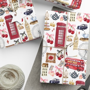 London Cherries Wrapping Paper Roll and Sheets London Birthday Party Supplies and Decor London Gift Wrap British Wrapping Paper