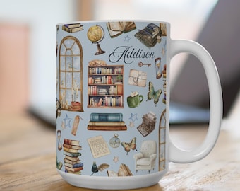 Taza para amantes de los libros, para club de lectura, de 15 oz, para ella, personalizada, de cerámica, para lectores