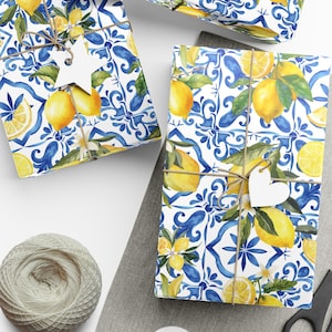 Lemon Wrapping Paper, Mediterranean Wrapping Paper, Blue Tile Wrapping Paper, Blue Gift Wrap, Citrus Gift Wrap, Italian Aesthetic Gift Wrap