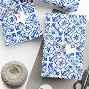 Blue Tile Wrapping Paper, Mediterranean Wrapping Paper, Blue Wrapping Paper, Bridal Gift Wrap, Floral Gift Wrap, Engagement Gift Wrap