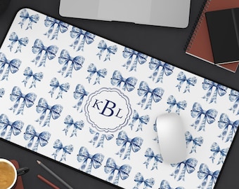 Bow Desk Mat Blue Monogram Desk Mat Custom Bow Mouse Pad for Her Personalized Floral Bow Desk Mat Gift for Her Office Decor