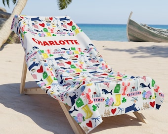 Toalha de praia de Boston para o verão no lago; Personalizável; Toalha de praia personalizada com ícones de Boston