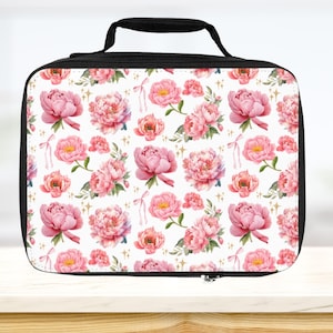 Pink Peony Lunch Box Back to School Book Bag Pink Floral Back to School Gift Summer Camp Lunch Bag Personalized Peonies Lunch Bag