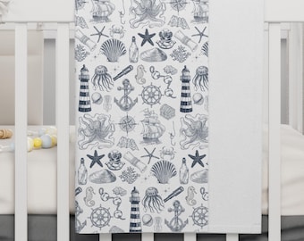 Nautical Baby Blanket |Coastal Soft Fleece Baby Blanket | Nautical Theme Nursery Blue Baby Blanket | Sailor Theme Baby Gift