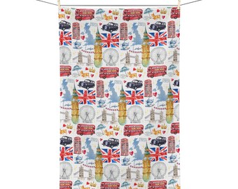 London Tea Towel | London Icons Towel Gift | British Kitchen Towel | UK Decor | London Vacation Gift for Housewarming