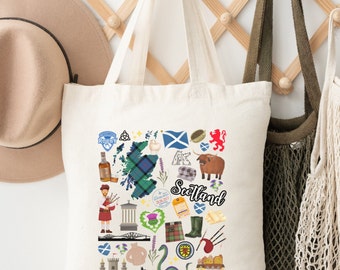 Schotland draagtas | Schotland Tas | Schots geschenk | Schotse pictogrammen Tote | Edinburgh-cadeaus | Schotland Reistas | Cadeau voor Schotland-liefhebber