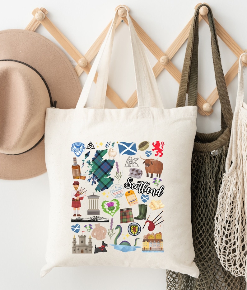 Scotland Tote Bag Scotland Bag Scottish Gift Scottish Icons Tote Edinburgh Gifts Scotland Travel Bag Gift for Scotland Lover image 1