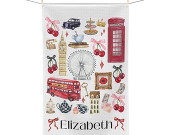 London Tea Towel | London Coquette Towel Gift | Custom British Kitchen Towel | UK Decor | Personalized London England Housewarming