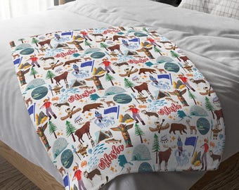 Alaska Theme Velveteen Minky Blanket | Alaska Blanket | Alaska Gift | Alaska Blanket | Alaska Landmarks Blanket | Alaskan Gift