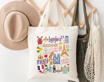 Paris Tote Bag | France Collage Bag | Cute Paris Sightseeing Souvenir | Paris Landmarks Tote Bag | Paris Gift | French Themed Gift Bag