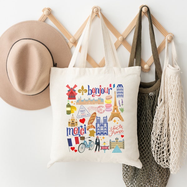 Paris Tote Bag | France Collage Bag | Cute Paris Sightseeing Souvenir | Paris Landmarks Tote Bag | Paris Gift | French Themed Gift Bag