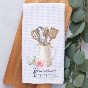 Personalized Tea Dish Towel | Watercolor Utensils Tea Towel Kitchen Décor | Housewarming Farm Decorations | House Towel | Grandma Mom Gift