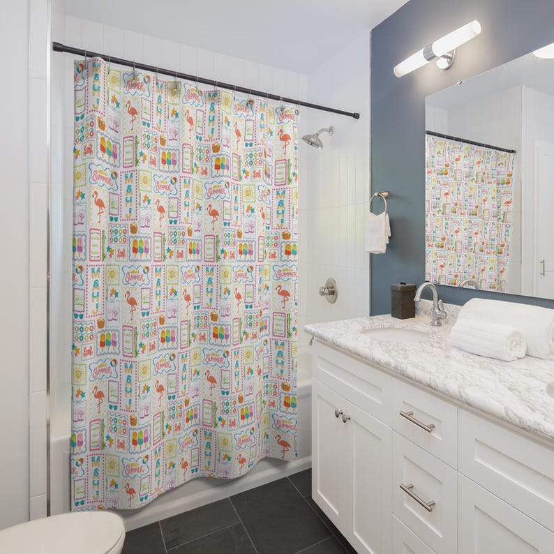 Summer Mahjong Tile Shower Curtain | Bright Colorful Tile Game Bathroom Decor image 2