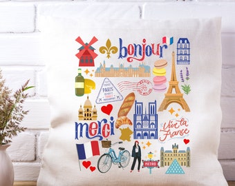 Paris Pillow | Paris Spun Polyester Square Pillow | Paris Decor | Paris Landmarks Throw Pillow | Paris Theme Pillow | Paris France
