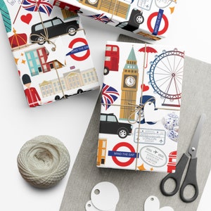 Rollo y hojas de papel de envolver de Londres / Suministros y decoración para fiestas de cumpleaños británicas / Regalo de Inglaterra de Londres / Papel de envolver de Londres