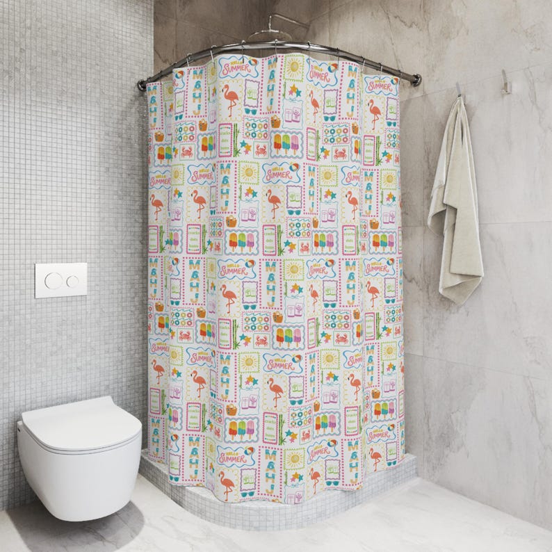 Summer Mahjong Tile Shower Curtain | Bright Colorful Tile Game Bathroom Decor image 4