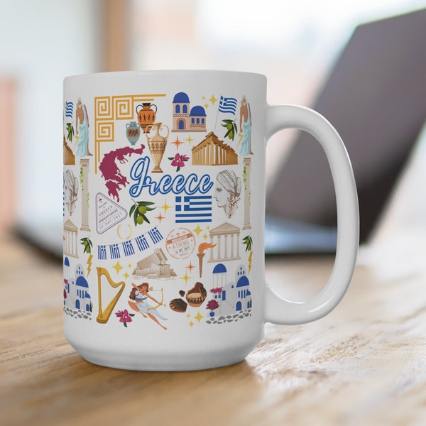 Greece Mug | Greek Theme Coffee Mug 15 oz | Greece Travel Gifts | Greece  Mug | Gift for Greek Lovers