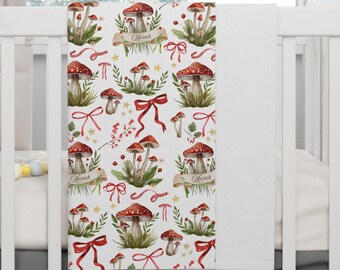 Custom Mushroom Baby Blanket | Personalized Red Mushroom Soft Fleece Baby Blanket | Cottagecore Theme Nursery Woodland Blanket