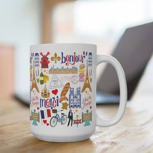 Regalo de París Taza de París Francia Taza de café de París 15 oz Collage de París París Francia Lugares emblemáticos Regalos temáticos franceses