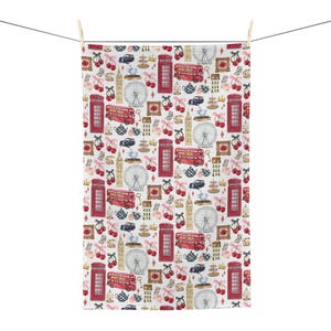 London Tea Towel | London Cherries Towel Gift | British Kitchen Towel | UK Decor | London Vacation Gift for Housewarming London Coquette