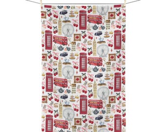 London Tea Towel | London Cherries Towel Gift | British Kitchen Towel | UK Decor | London Vacation Gift for Housewarming London Coquette
