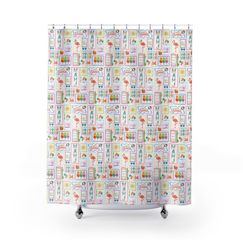 Summer Mahjong Tile Shower Curtain | Bright Colorful Tile Game Bathroom Decor image 5