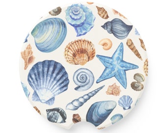 Beachy Car Coasters | Soapstone Car Coaster | Beach Gift | Sea Shells Cup Holder Coaster | Beach Car Accessory | Coastal Car Coaster
