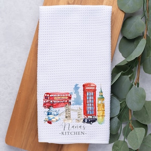 Personalized London Tea Towel | Watercolor London Tea Towel Kitchen Décor | Housewarming London Decorations | House Towel | Grandma Mom Gift