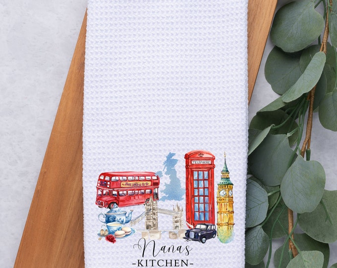 Personalized Tea Dish Towel | Watercolor London Tea Towel Kitchen Décor | Housewarming London Decorations | House Towel | Grandma Mom Gift