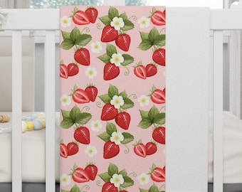 Strawberries Baby Blanket | Red Pink Berries Soft Fleece Baby Blanket | Fruit Theme Strawberry Nursery Farmers Market Baby Blanket