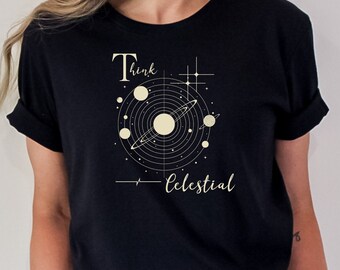 May include: Black t-shirt with a white graphic design of a solar system with the text "Think celestial".