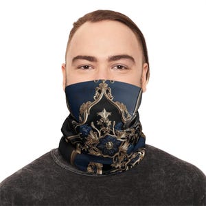 Luxury Winter Neck Gaiter, Black Blue Gold Design, Cozy Neck Warmer, Cold Weather Outdoor Gear, Skiing Snowboarding Accessory, Christmas