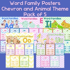 May include: A set of five colorful word family posters featuring animal illustrations and chevron patterns. The posters include the letter combinations: Aa, Oo, Ii, Uu, and Ee. Each poster has a list of words with the corresponding sound.