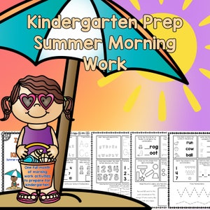 Könnte beinhalten: Ein farbenfroher, druckbarer Arbeitsblatt-Satz für die Kindergartenvorbereitung, mit einem Comic-Mädchen, das einen Eimer am Strand mit einem Sonnenschirm und Sonne hält. Die Arbeitsblätter beinhalten Aktivitäten wie das Nachzeichnen von Buchstaben, das Zählen von Zahlen und das Zuordnen von Formen.