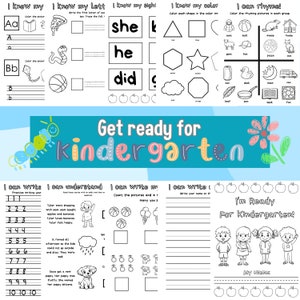 Puede incluir: Una hoja de trabajo imprimible en blanco y negro con actividades para niños que se preparan para el jardín de infancia. La hoja de trabajo incluye secciones para practicar la escritura de números, la comprensión lectora, el conteo de imágenes, la escritura de letras y las rimas. La hoja de trabajo se titula "¡Prepárate para el jardín de infancia!" y presenta una oruga y una flor coloridas.