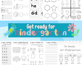 May include: A black and white printable worksheet with activities for children preparing for kindergarten. The worksheet includes sections for practicing writing numbers, reading comprehension, counting pictures, writing letters, and rhyming. The worksheet is titled "Get ready for Kindergarten!" and features a colorful caterpillar and flower.