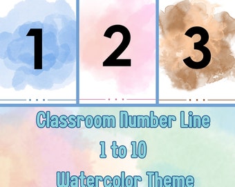 Peut inclure: Une ligne de nombres de classe sur le thème de l'aquarelle avec les nombres 1, 2 et 3 affichés sur des cartes individuelles. Les cartes ont un fond aquarelle en bleu, rose et marron. Le texte sous les cartes indique "Classroom Number Line 1 to 10 Watercolor Theme".