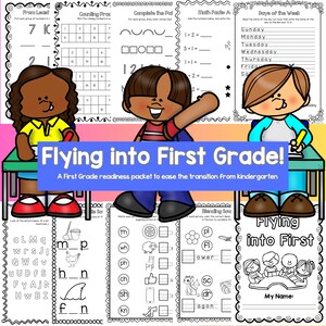 May include: A colorful printable worksheet packet for first grade readiness. The packet includes activities such as counting, completing patterns, math facts, days of the week, blending sounds, and letter recognition. The packet features illustrations of children and airplanes.