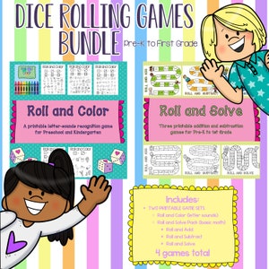 May include: A printable game bundle for preschool and kindergarten. The bundle includes four games: Roll and Color, Roll and Add, Roll and Subtract, and Roll and Solve. The games feature colorful dice and game boards.