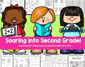 May include: A colorful educational packet for second grade readiness. The cover features three cartoon children with learning materials. The packet includes worksheets on math, reading, and grammar, with the title "Soaring into Second Grade!"