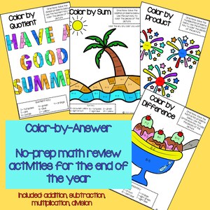 May include: Four printable colour-by-number worksheets for children. The worksheets feature summer-themed images, including a palm tree, fireworks, ice cream, and the words "Have a Good Summer". Each worksheet includes a colour key and maths problems to solve.