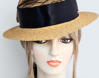 Canotier en paille de Milan avec dentelle noire française vintage et ruban de satin, chapeau de paille, chapellerie, édouardienne, mariée de mariage