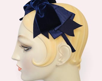Midnight Blue Vintage Ribbon Bow Headband, millinery, fascinator, headpiece, wedding bridal