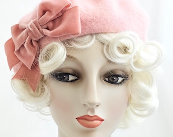 Dusty Pink Wool Beret with Velvet Ribbon Bow, women's tam, winter hat, handmade, French style hat