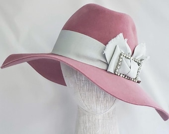 Rose Pink Fedora Large Brim Hat, Velour Felt Hat, Floppy Brim, Romantic Boho Style, Millinery, handmade womens hat