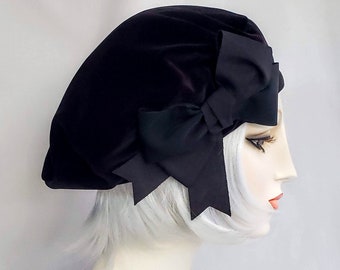 Lux Black Velvet Beret With Vintage Ribbon Bow, hat, women's tam, millinery