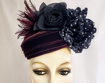 Miranda Pillbox Hat, Millinery, Vintage style, black and burgundy, fabric hat, 1940s, cocktail hat, flower hat