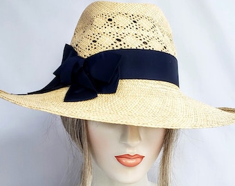 Classic Panama Straw Fedora with Vintage Navy Blue Ribbon, Large Brim, Womens natural straw hat, millinery, summer hat, straw hat