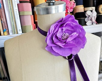 Royal Purple Silk Flower Choker, Velvet ribbon choker, flower necklace, flower corsage, peony flower choker