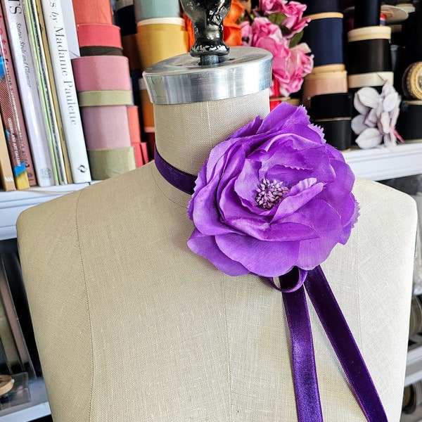 Royal Purple Silk Flower Choker, Velvet ribbon choker, flower necklace, flower corsage, peony flower choker